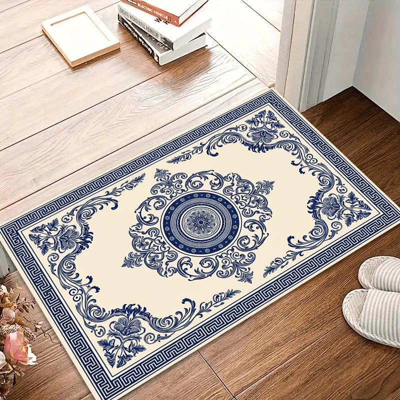 Blue and White Porcelain Doormat Vintage Flower Floor Mat Living Room Bedroom Entrance Welcome Mat Decor Rug