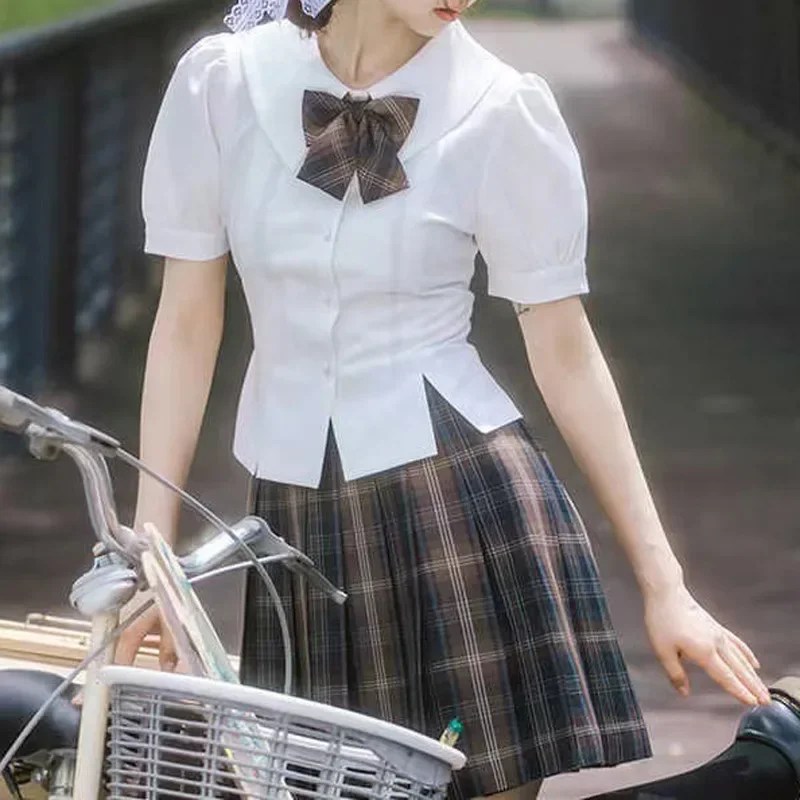 Adult Female Japanese School Dresses Costume Girls JK Uniform Shirt Summer Short Sleeves Tops Waist Back Rope Straps Tight Thin