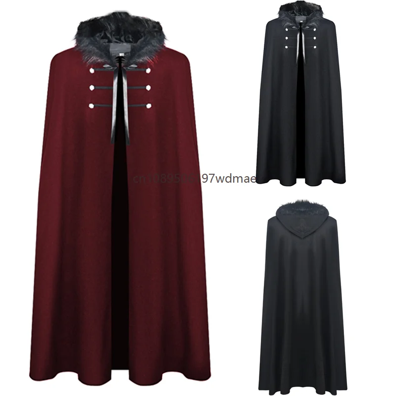 

Medieval Court Retro Cape Coat Vintage Gothic Style Hooded Fur Collar Cloak Long Cardigan King General Cosplay Costume
