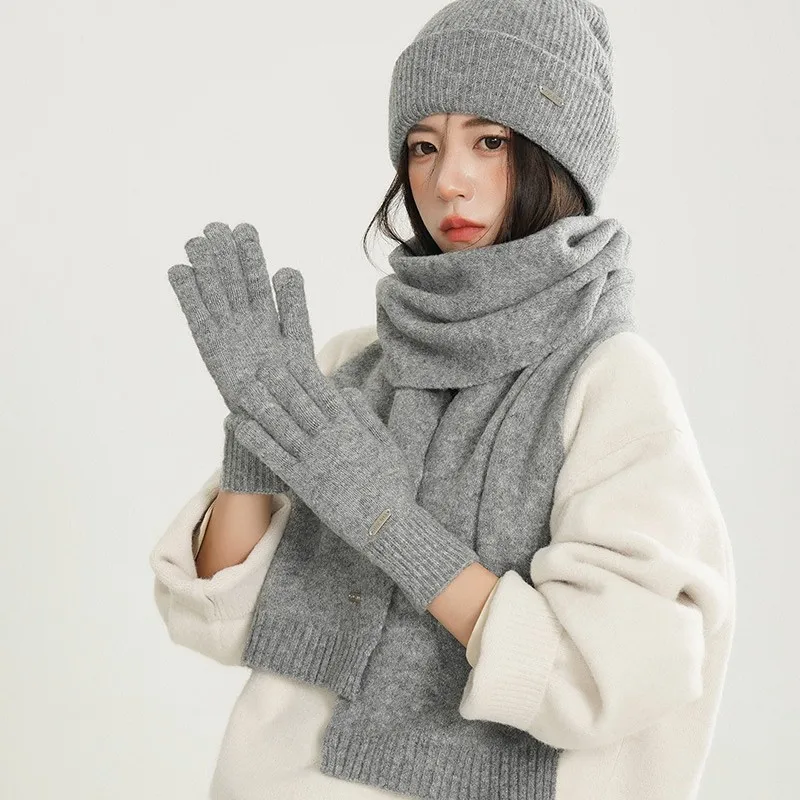 3pcs set winter hat scarf gloves women knitted warm set solid color simple design