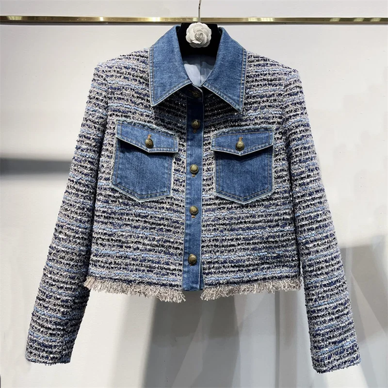 

Women's jacket 2026 Spring new in outerwears single breasted slim fit lapel long sleeved top denim patchwork women's coat y2k