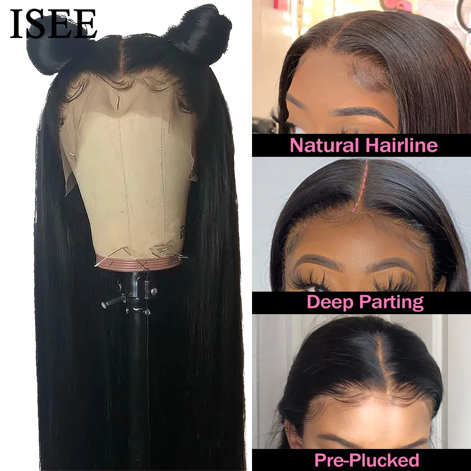 ISEE-Perucas dianteiras retas do laço para mulheres, cabelo humano brasileiro, 13x4, densidade de 220%