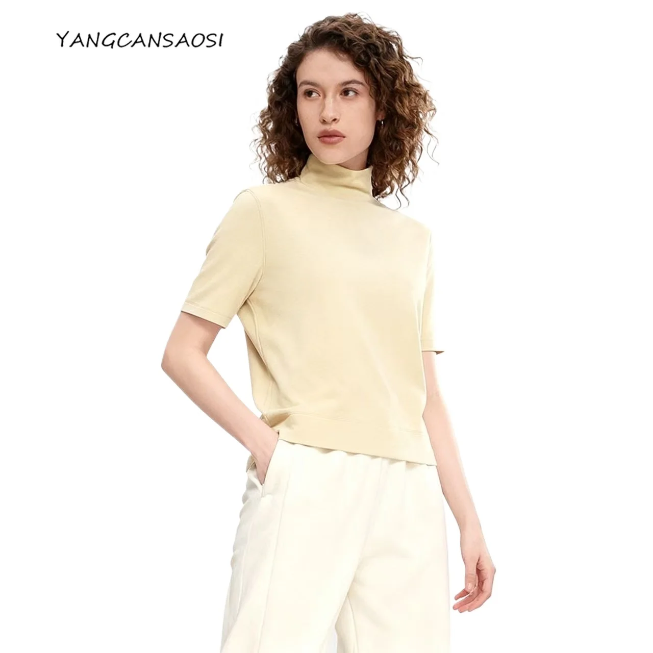 

2025 Women's Autumn Clothing 28% Wool Semi High Neck Slim Fit Inner Short Sleeve Commuting Versatile Solid Color Knitted Sweater