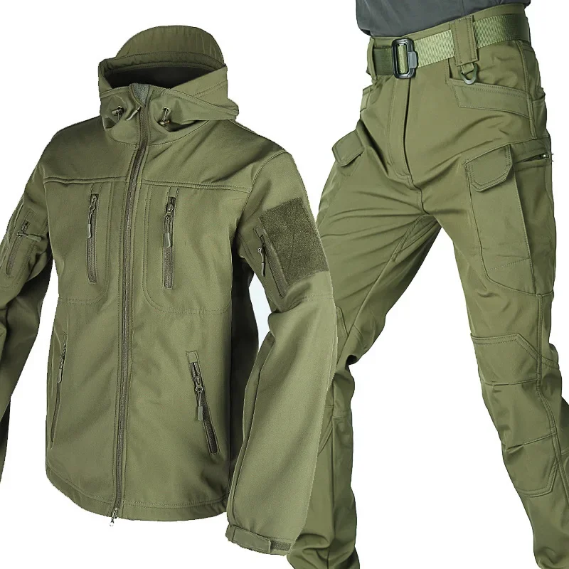 

Fall Winter Men's Fleece Lined Assault Jackets + Pants Multiple Pocket Keeping Warm Outdoor Sports Soft Shell Suit Outwear