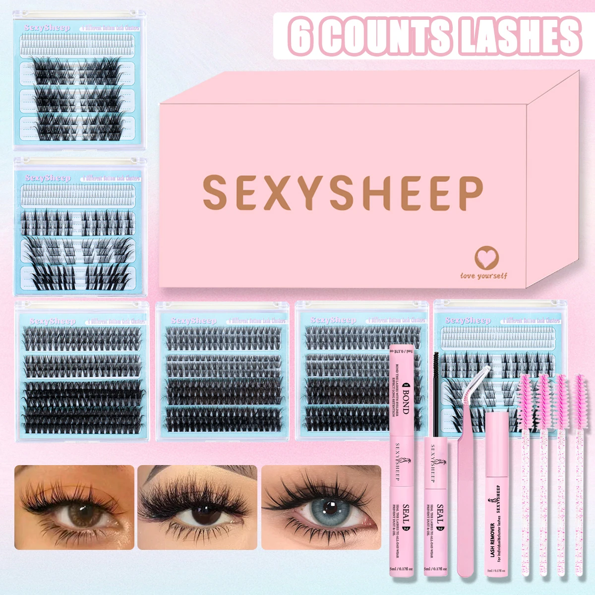 Eyelash gift box DIY Lash Clusters Set Individual Lashes Extension lash glue*1 remover*1 tweezers*1 eyelashes*6 brush*4 festival