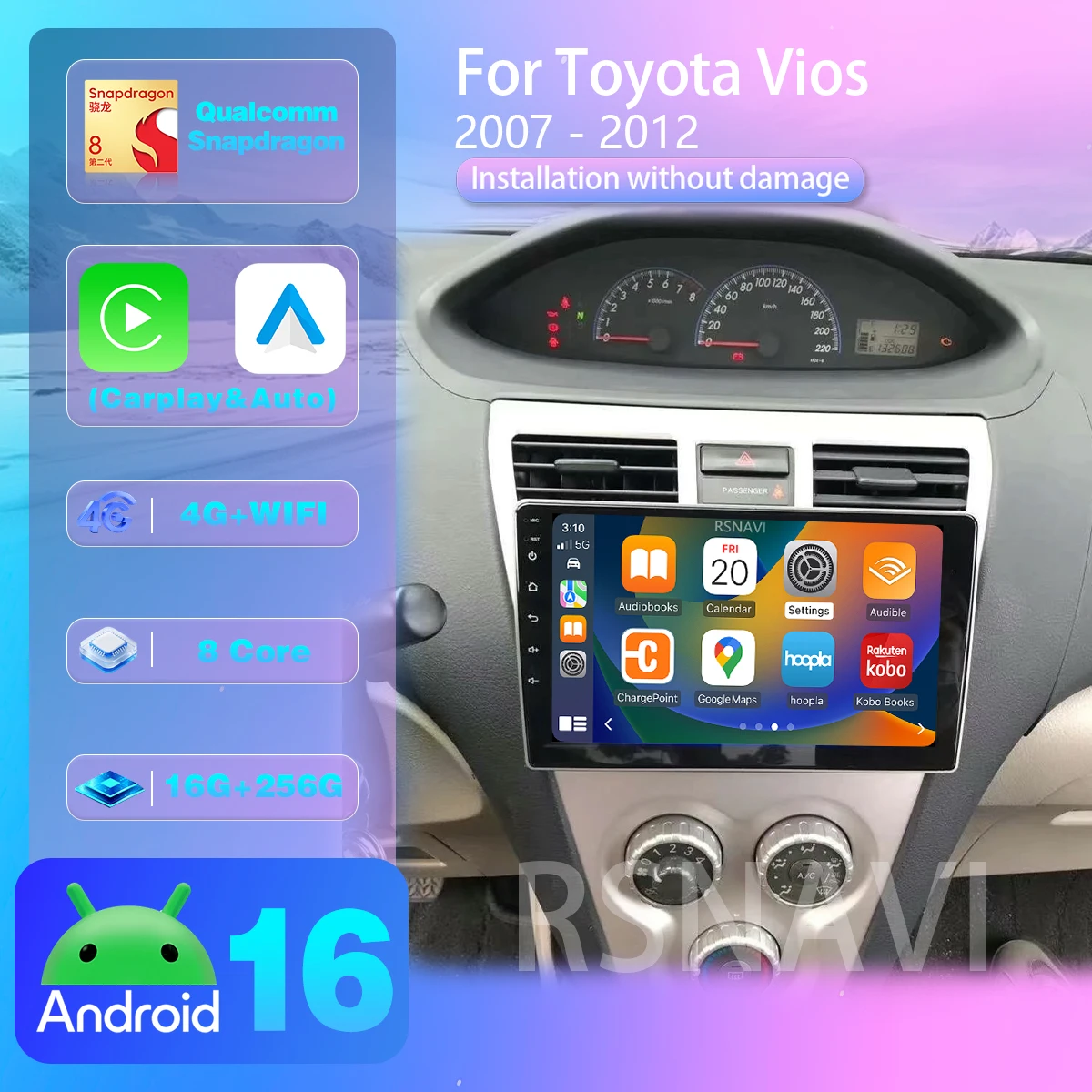 Android 16 Carplay Autoradio für Toyota Vios Yaris 2007 - 2012 BT Multimedia Player Multimedia Navigation Qualcomm Bildschirm