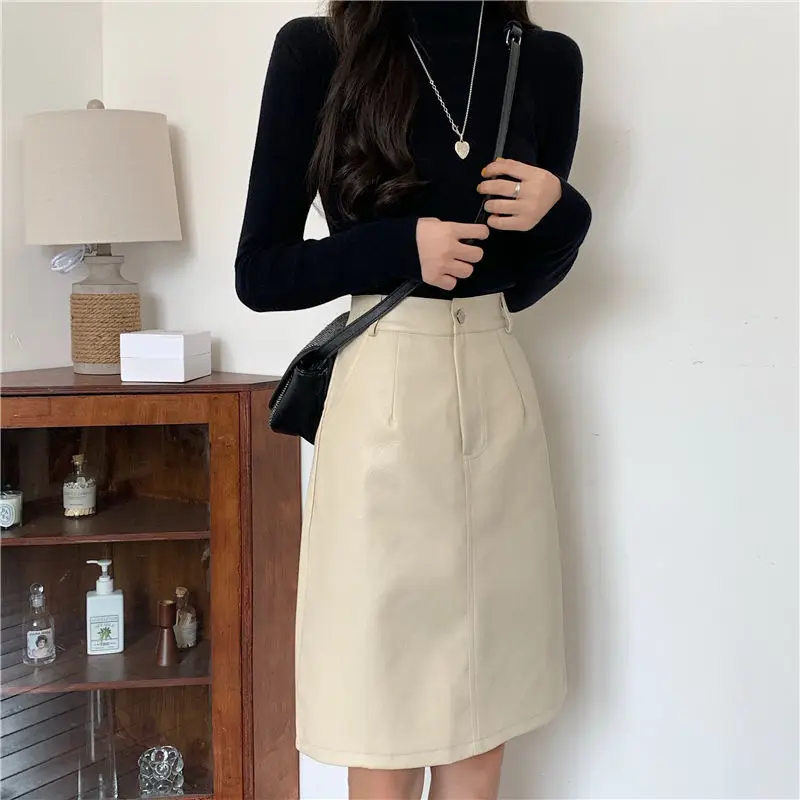 Hot Sale Skirts Women Retro Empire Pu Leather Fall All-match A-line Knee-length Faldas Temperament Office Lady Harajuku Vintage