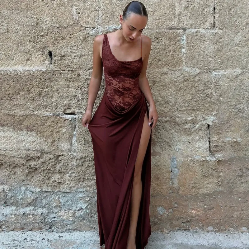 Tuularose エレガントなレースカットアウトマキシドレス女性のセクシーなスパゲッティストラップパッチワーク休暇パーティードレス夏の背中の開いたロングドレス