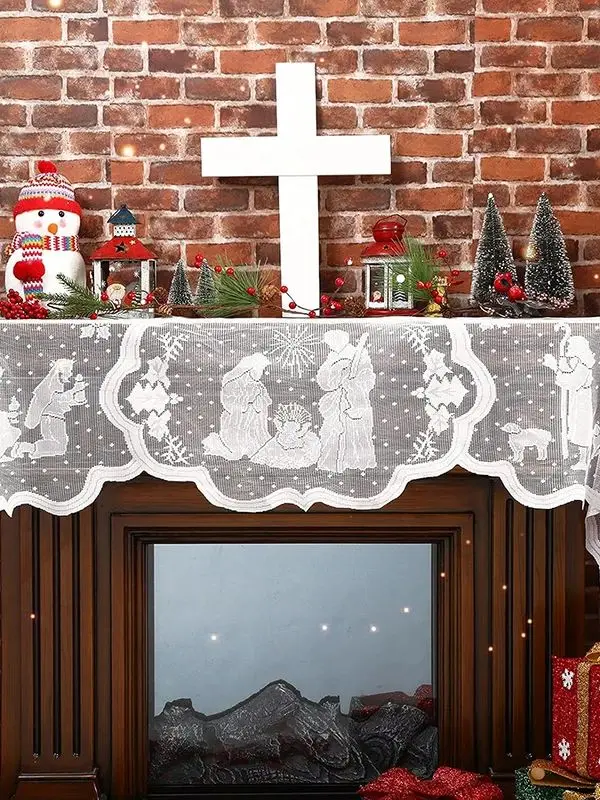 1 Stück Weihnachtliche Weiße Spitzen-Jesus-Girlande Kaminschürze für Familien-Wohnzimmer Innendekoration, 20 X 90 Zoll – Detail 1