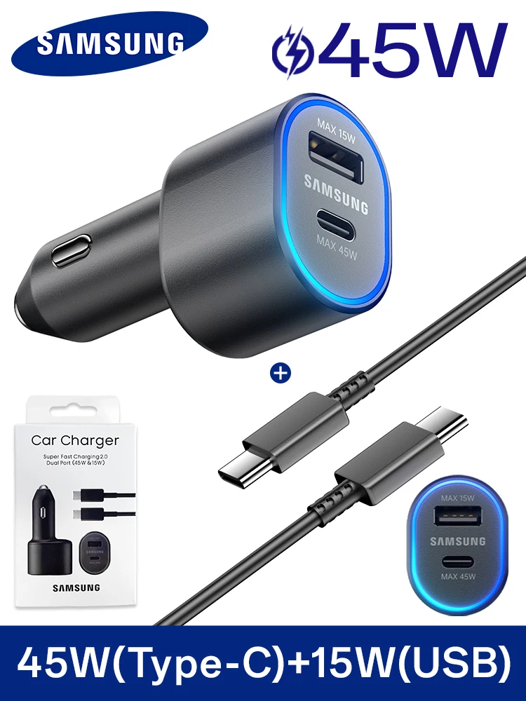 60W Samsung USB Tipo C Carregador de Carro PD Super Carregamento Galaxy S24 S23 S22 Ultra 45W 15W