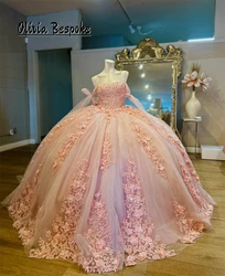 Sweet Pink Beaded Lace Applique Quinceanera Dresses With Bow Princess Ball Gown 15 Years Luxury Debutante Dress Customized