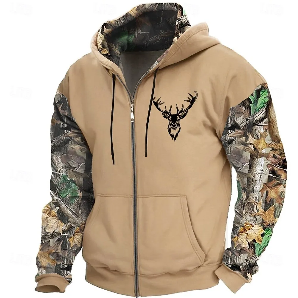 Men's Camo Deer Hoodie Jacket Sweatshirt Fashion Daily Hooded Vacation Hunting Brown Green Drawstring Zipper Fall Winter Hoodie