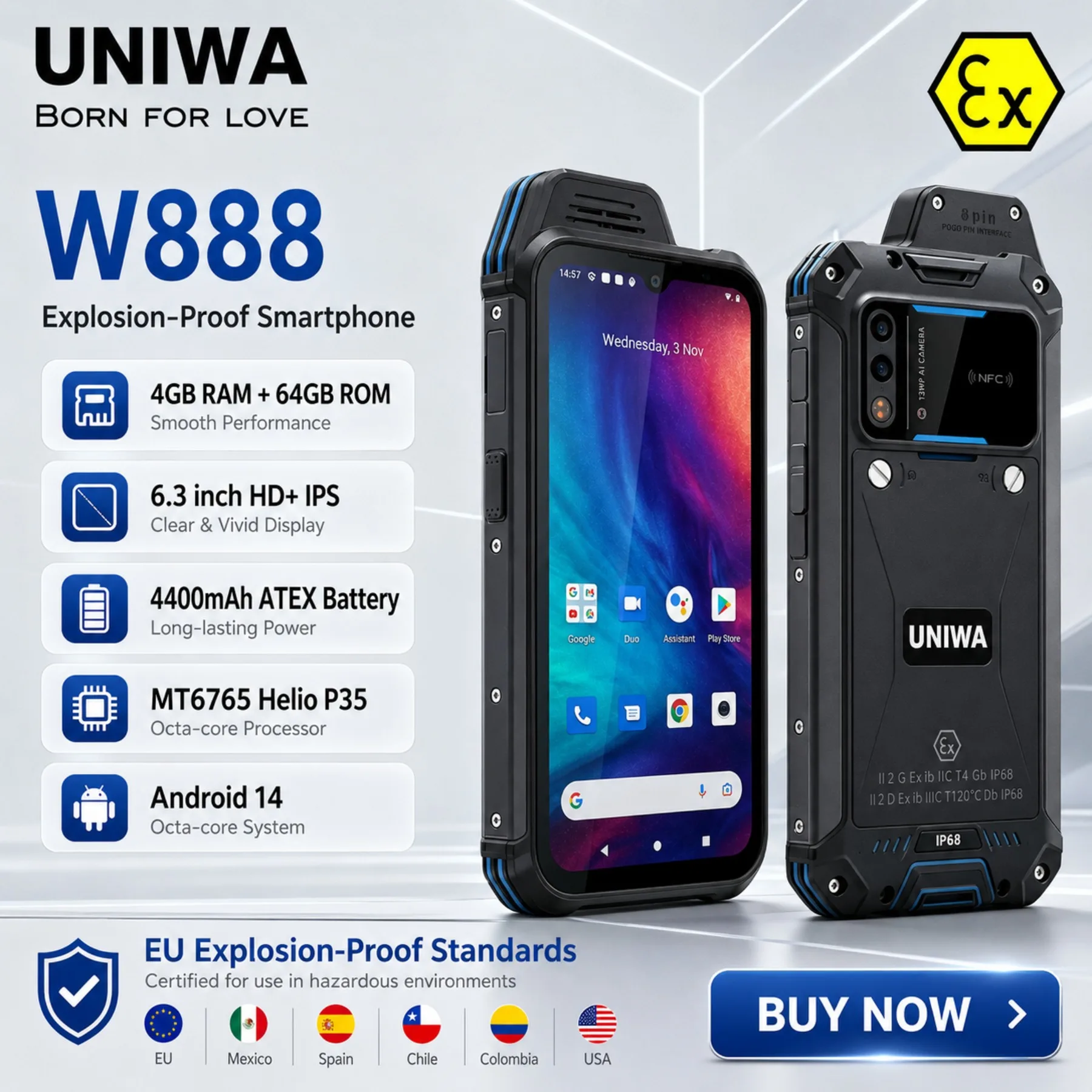 UNIWA W888 MT6765 Octa Core 4GB+64GB ATEX Explosion IP68 Smartphone Andriod11 6.3 “ HD 5000mAh NFC Mobile Phone Black Orange GPS