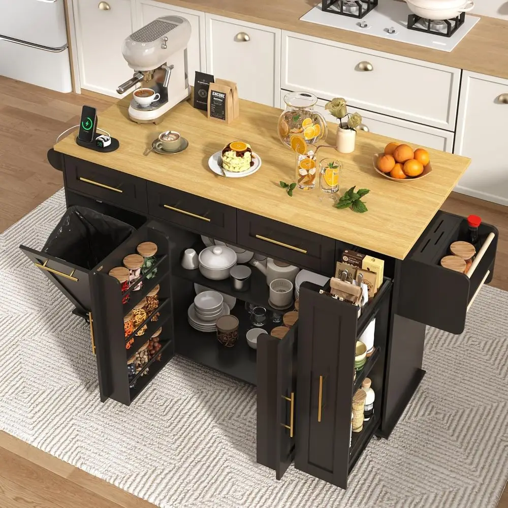 Mobile Kitchen Island Cart with Drop Leaf, 3-Tier Storage, Trash Bin, Power Outlet, and Spice Rack, Black