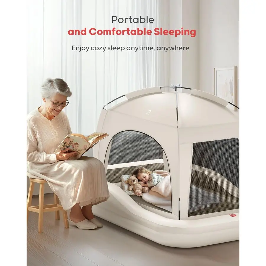 سرير سفر للأطفال الصغار قابل للنفخ مع خيمة، مرتبة هوائية محمولة للأطفال مع مصدات أمان، مثالية للمنزل والجدات والتخييم والسفر