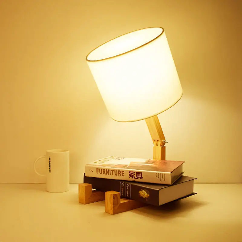 HOT Robot Shape Wooden Table Lamp E14 Lamp Holder 110-240V Modern Cloth Art Wood Desk Table Lamp Parlor Indoor Study Night Light