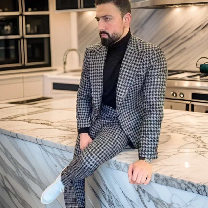 

Plaid Italian Suits for Men Slim Fit African Wedding Tuxedos Check Houndstooth Formal Groom Wear 2 Piece Jacket with Pants 2024