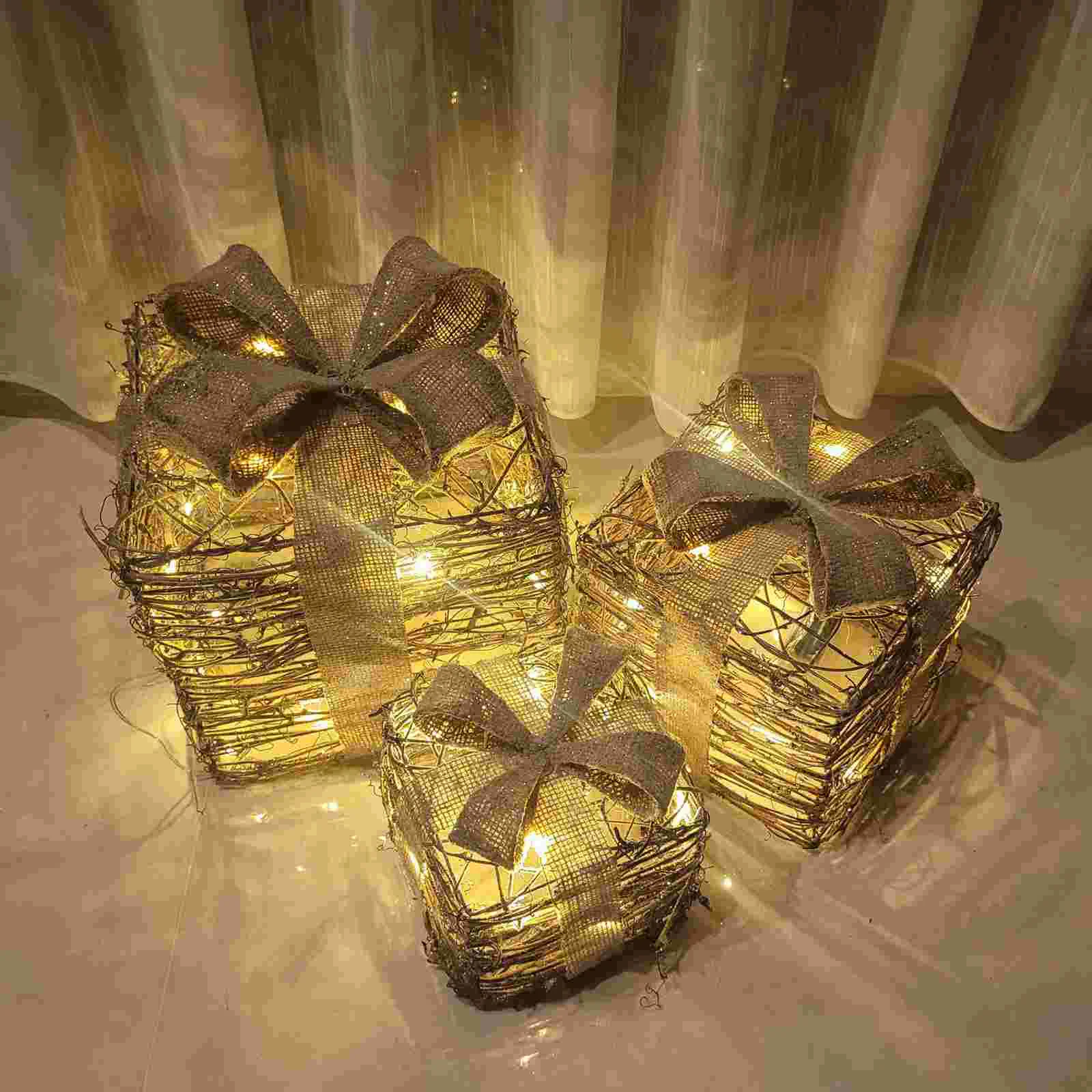 3ชิ้นการตกแต่งคริสต์มาสไฟเบอร์ออปติกเครื่องประดับกล่องของขวัญขนาดใหญ่ของขวัญปัจจุบันของเทศกาลคริสต์มาสสร้างสรรค์