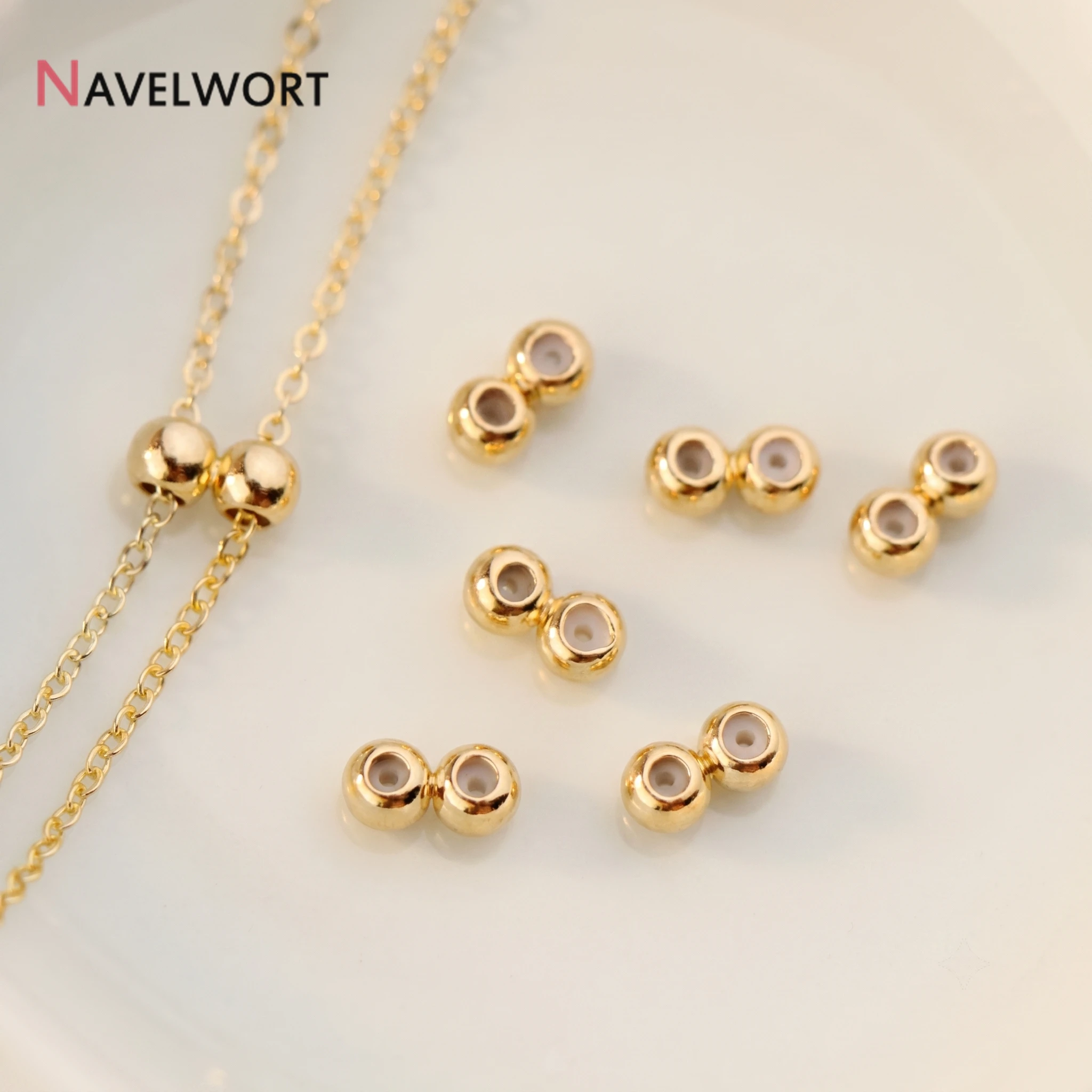 14K Gold Plated Brass 3mm/4mm Round Twins Silicone Beads, Positioning Adjustment Beads For Necklace Making Accessories