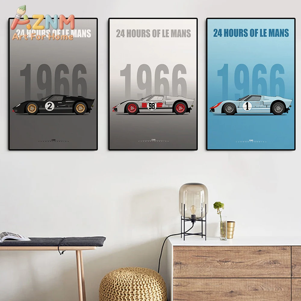 AZNM Ford GT40 1966 Le Mans 24 Hours Race Car - Impresión artística para pared, póster de lienzo sin marco, ilustración minimalista de coche de carreras vintage