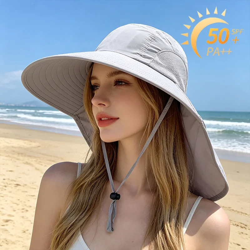 UPF 50+ Summer Fishing Hat Wide Brim Bucket Cap with Neck Cover Sunshade UV Protection Outdoor Hiking Camping Travel