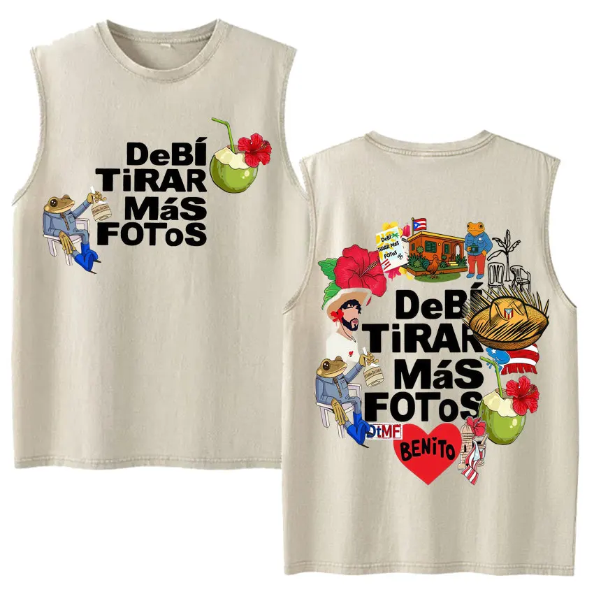 Hip Hop Hot Singer Bad Bunny Washed Vintage Tank Tops Debi Tirar Mas Fotos DTMF Y2K Sleeveless T Shirt Mens Women Fashion Vests