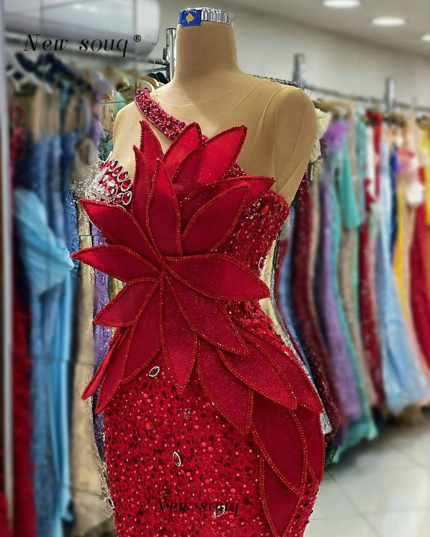 

New In Red Sparkle Dubai Mermaid Evening Dresses 2024 Long Sleeveless 3D Leaves Designer Events Prom Gowns for Wedding Party