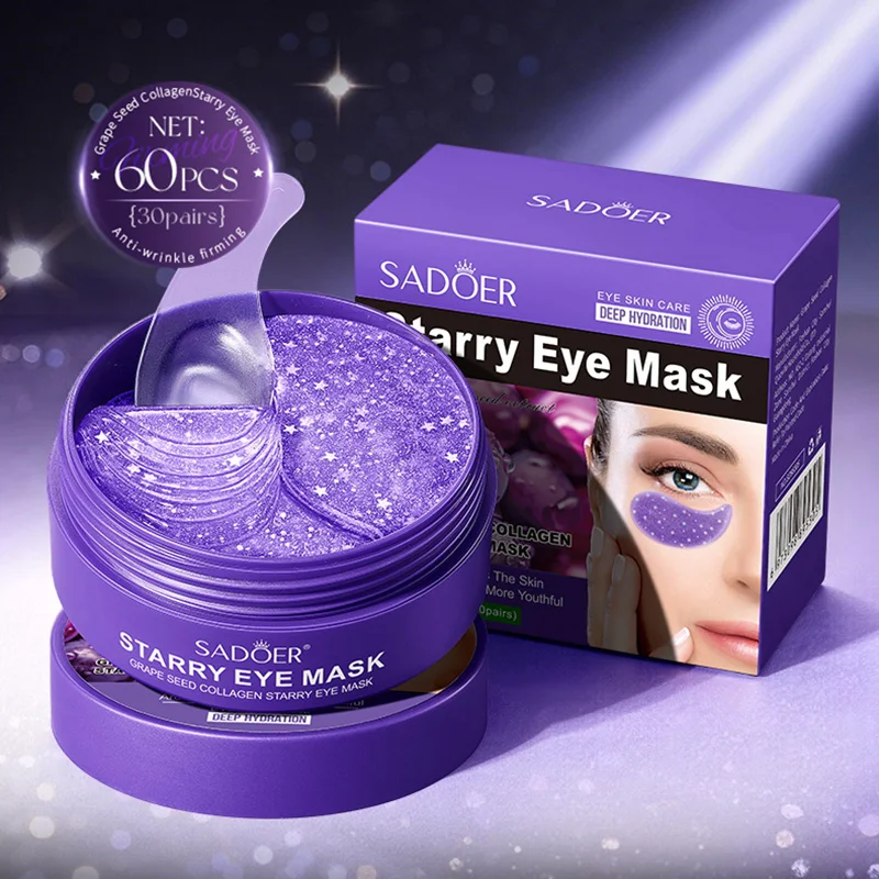 60pcs SADOER Grape Crystal Collagen Eye Mask Anti Dark Circles Under The Eyes Moisturizing Anti-Wrinkles Anti-Aging Eye Patches
