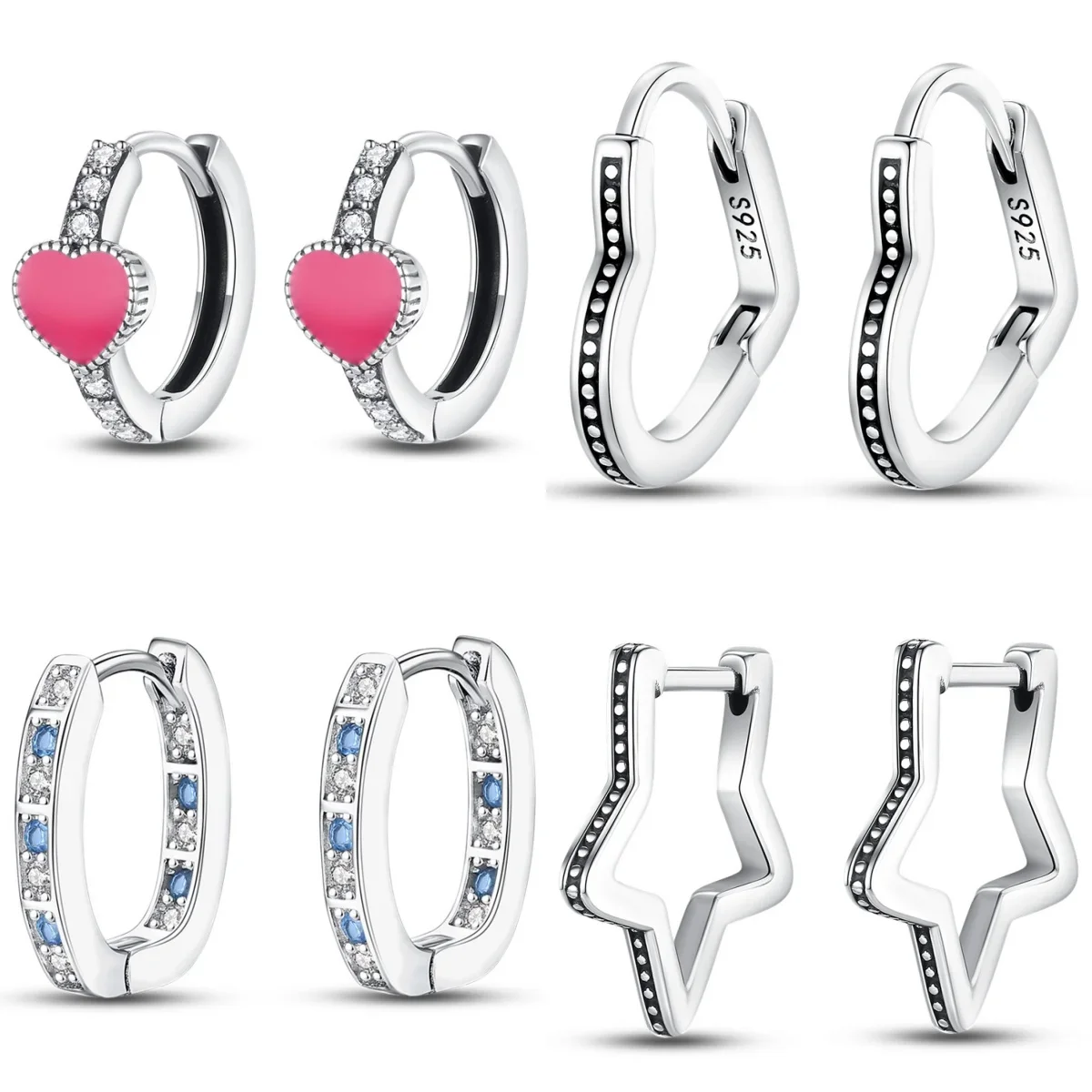 

S925 Sterling Silver Hoop Earrings – 4 Pairs with Heart/Wave/Star/Blue CZ Designs, Hypoallergenic Stackable Jewelry for Women