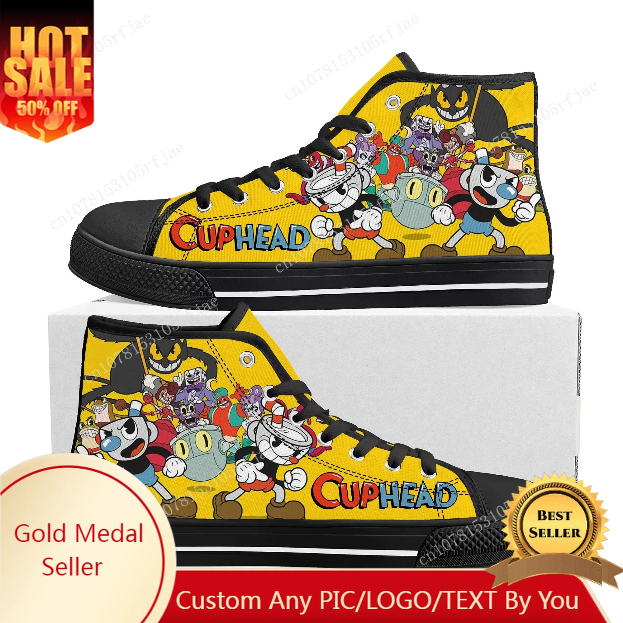 

Hot Cupheads Mugmans Cartoon Game High Top Sneakers Mens Womens Teenager High Quality Canvas Sneaker Custom Built Couple Shoes