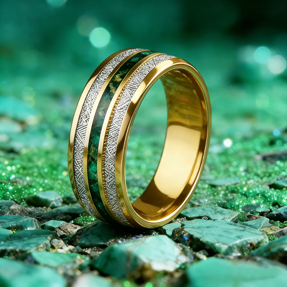 Fashion 8mm Gold Color Stainless Steel Rings for Men Meteorite Green Gravel Inlay Dome Men Finger Ring Wedding Band Jewelry