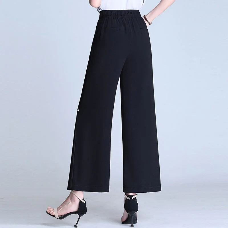 Women Summer New Chiffon High Waist Elastic Wide Leg Pants Fashion Split Crop Pants Casual Breathable Versatile Thin Suit Pants