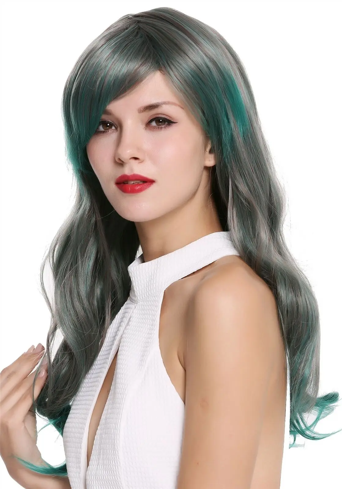 Ladies' Wig Noble Long Wavy Parting Grey Green Red Mix