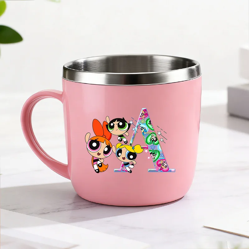 The Powerpuffs Girls 304 Stainless Steel Water Cup Cartoon A-Z Letter Toothbrush Cups Kawaii Anime Water Bottle Birthday Gift