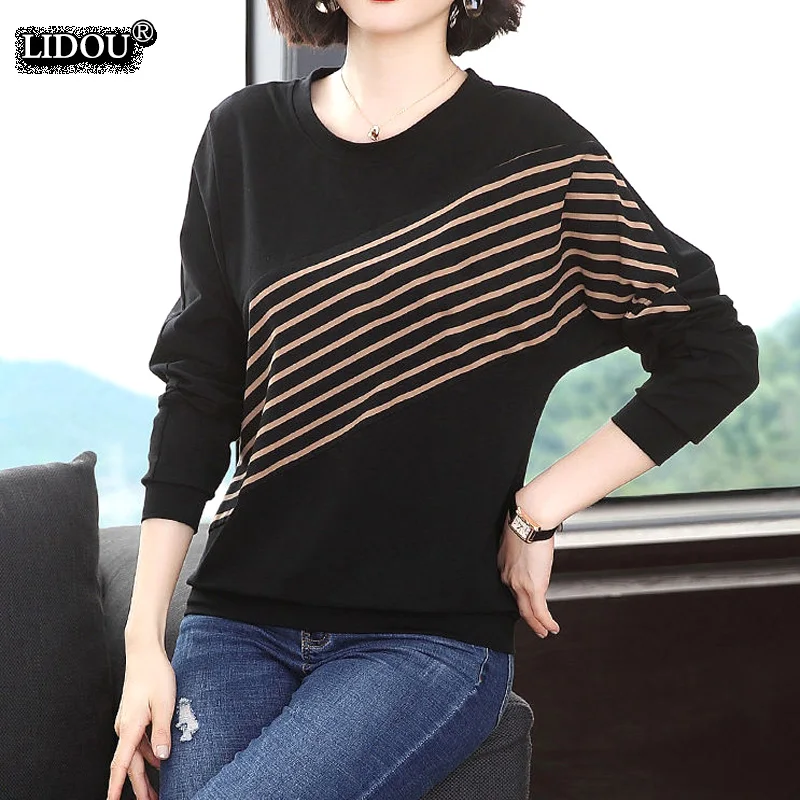 

Casual O-neck Striped Straight Loose Long Sleeved Fashion T-shirts Popularity Wild Retro Elegant Spring Autumn Women's Clothing