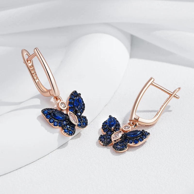 Kinel Hot Blue Natural Zircon Butterfly Drop Earrings For Women 585 Rose Gold and Black Plating Animal Daily Fine Punk Jewelry