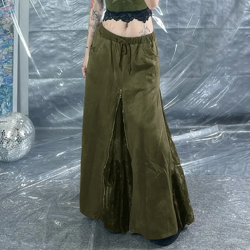 

Y2K Long Skirt European American Retro Green Lace Patchwork Low Waist Heavy Zipper Floor Mopping A Line Slim Fit