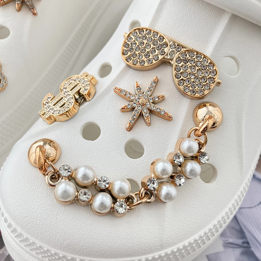 1 set Golden Fashion Shoe Charms Decoration Set for Crocs Rhinestone Pearl Chain Clogs Pins Gift For Women Girls