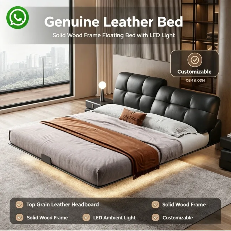 Genuine Leather Floating Bed, Solid Wood Frame with LED Ambient Light Soft Upholstered Headboard for Master Bedroom