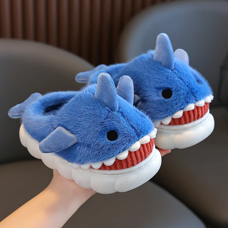 Winter Cute Cartoon Shark Cotton Slippers Children\'s Non-slip Soft Sole Slides For Kids Girls Baby Boys Warm Plush Home Shoes