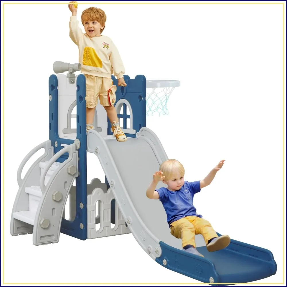 

6 in 1 Toddler Slide, Kids Climber for Indoor Outdoor Playground with Basketball Hoop, Storage, and Telescope, L Shaped Climber Playset