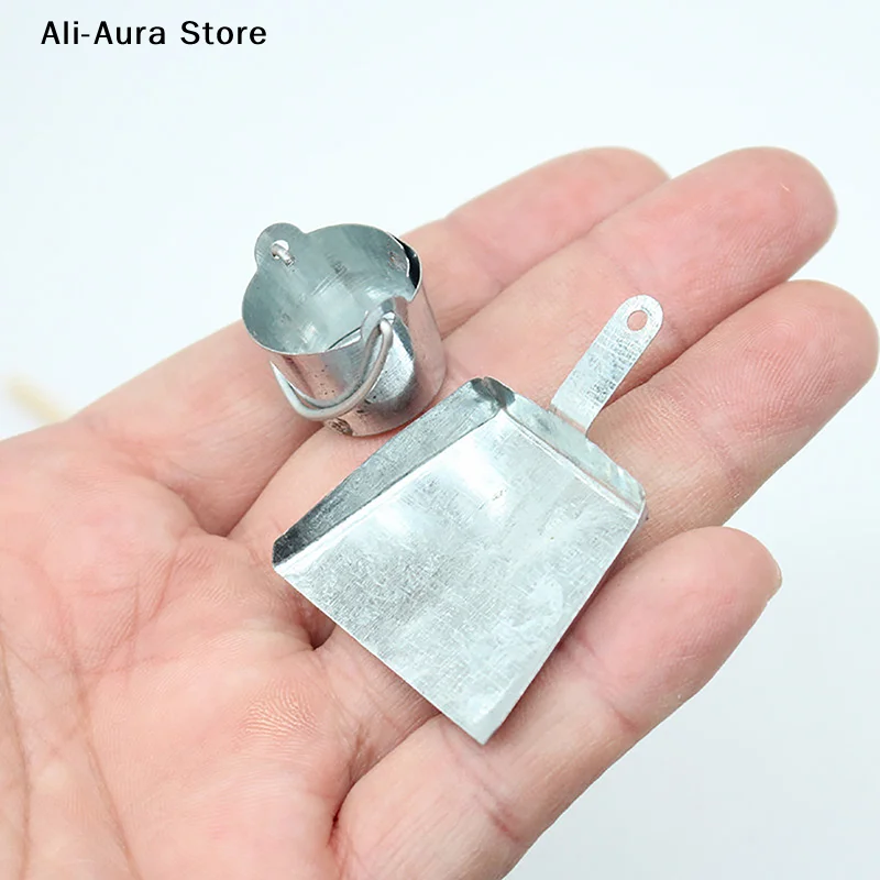 1/12 Dollhouse Dustpan Mop Metal Pail Kit Dollhouse Mini Cleaning Tool Accessories Dolls House Decor Pretend Play Toy
