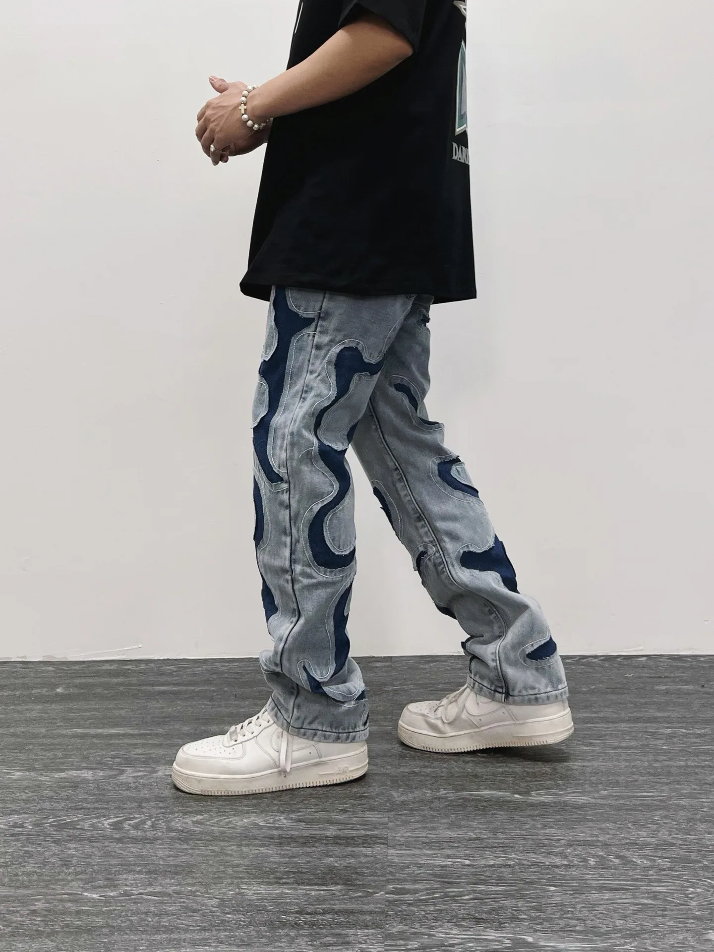 American Style Wash Destruction Stitching Blue Tape Embroidered Jeans Men Vibe Hip Hop Straight Pants Curve Slim Fit elastic2024