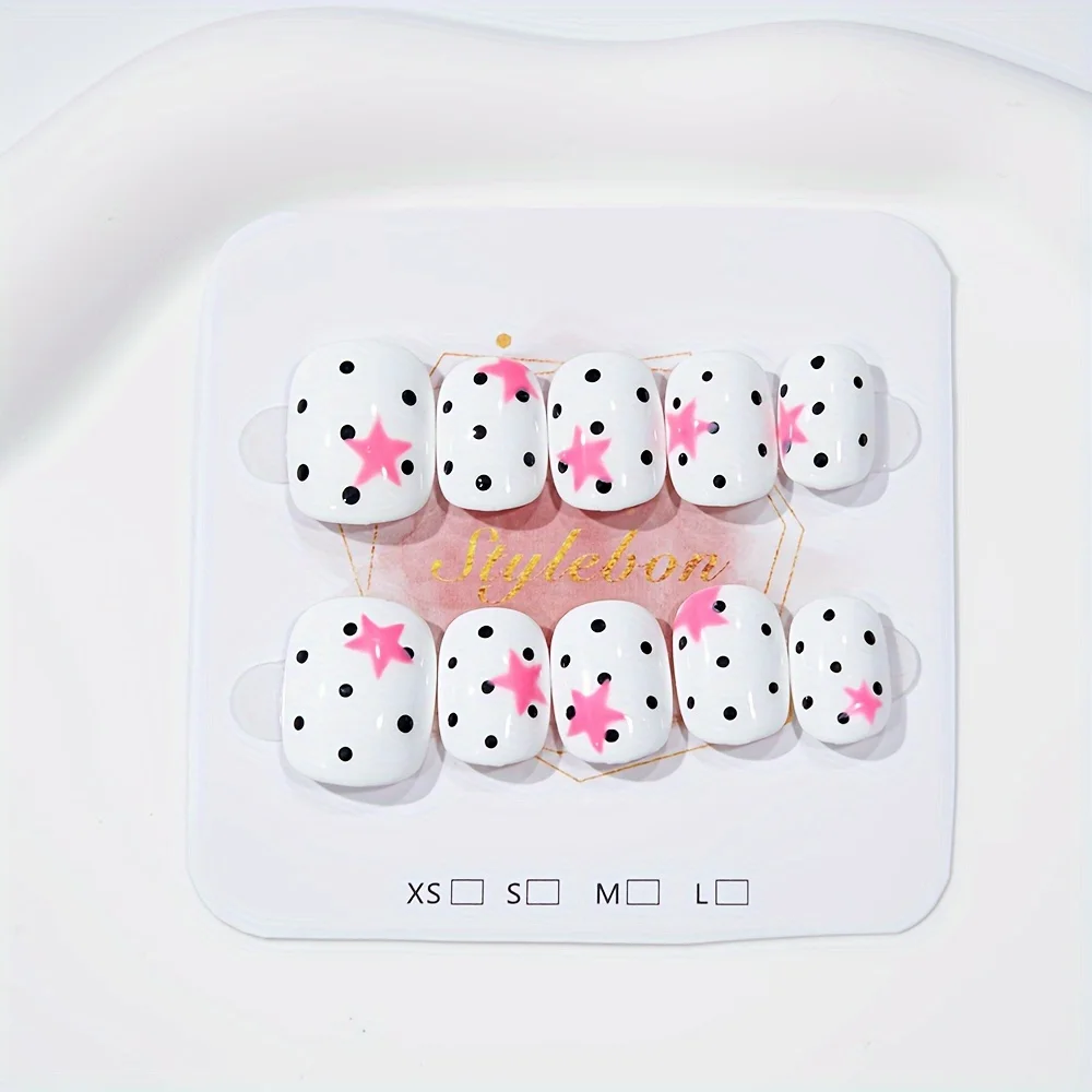 

10pcs Handmade Press on Nails Milky White Five-Pointed Star Polka Dot Full Coverage Nail for Women&Girl Removable Wearable Nail