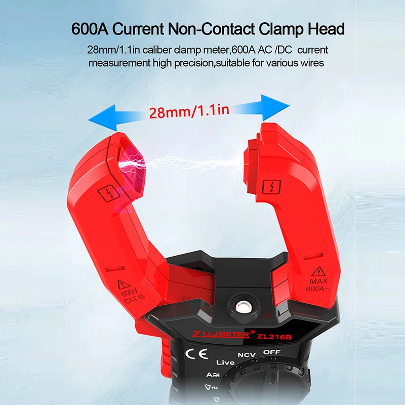 Digital Clamp Meter, AC DC Multímetro atual, True RMS, Auto Rms Capacitância, Amperímetro, 600A