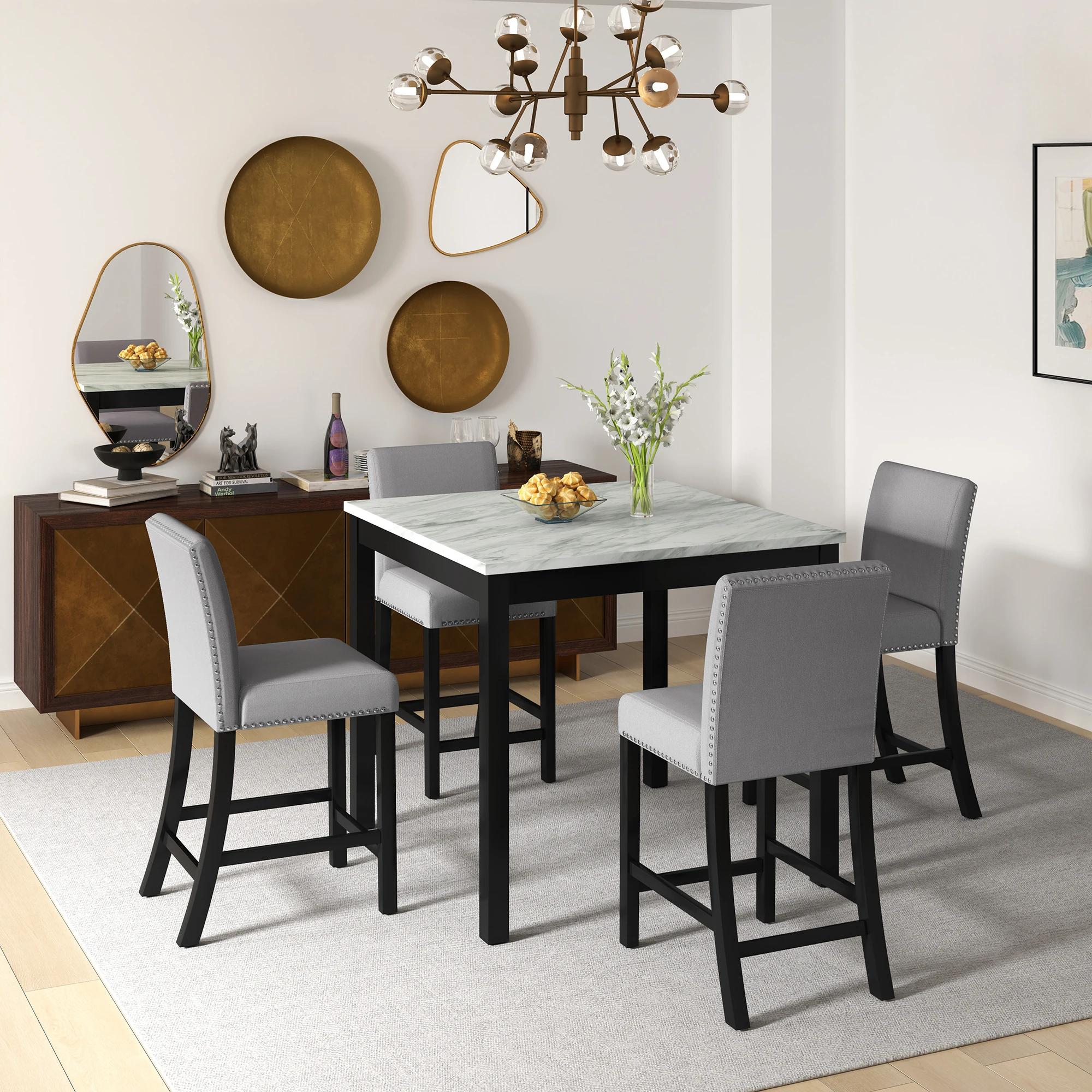 5-Piece Dining Table Set, Wooden Square Counter Height Table with 4 Chairs Modern Mid-Century Compact Dining Set for Small Space