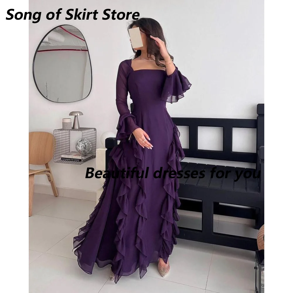 

Elegant Purple Evening Dress Customized Square-Neck Long Sleeves Chiffon Ankle Length Prom Gown Mermaid Formal Dresses