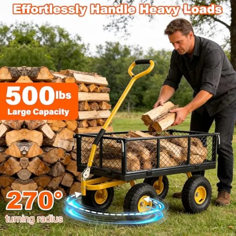 Heavy Duty 500 Lb Steel Yard Wagon with Lockable Adjustable T-Handle, 10 Inch All Terrain Rubber Tires, Removable Sides, Fully W