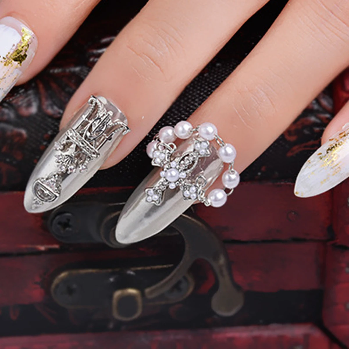 2 pcs Court wind Cross Pearl Pendant Nail patch Light luxury micro set diamond Zircon Pearl nail decoration nail accessories