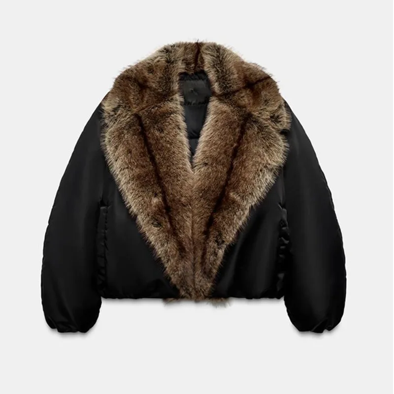 Abrigo Vintage de algodón de piel sintética para mujer, chaqueta negra holgada cálida informal elegante de manga larga, ropa de calle diaria a la moda para invierno 2025